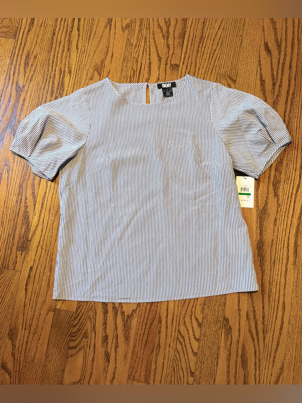 DKNY Navy and White Pinstripe Puff Sleeve Top NWT - Size Large